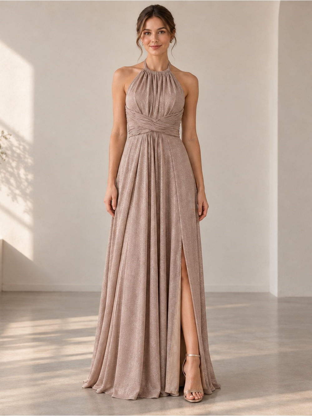 Fancy Schmancy Rose Gold Metallic Halter Open Back Maxi Prom Gown Size 2